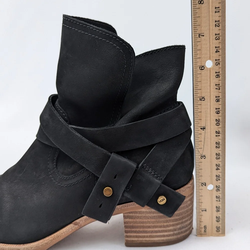 UGG Elora Ankle Boot Nubuck Suede Leather  Strappy Block Heel Scandi Black 7.5